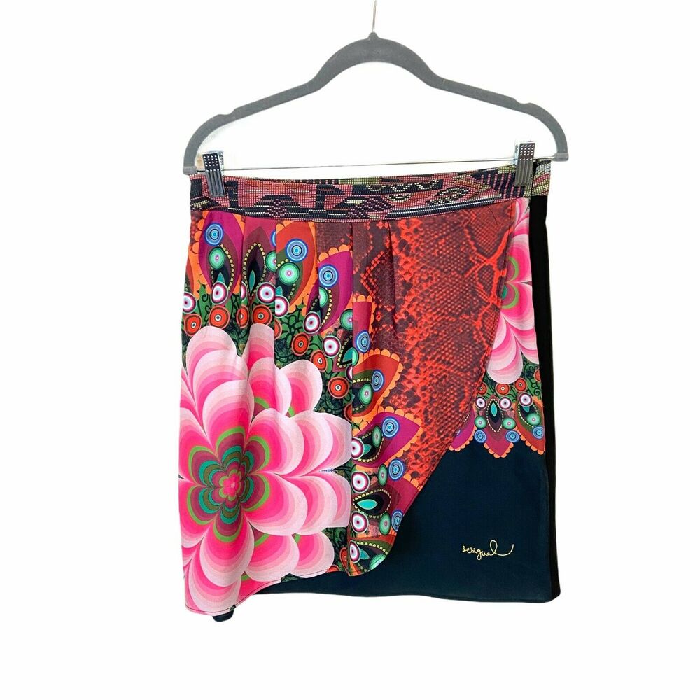 Desigual Skirt Womens Multicolor Funky Floral Psychedelic Faux Wrap Size 36 US 8